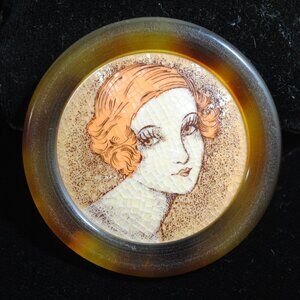 Vintage Early Lea Stein Serigraph Brooch Art Deco Flapper Lady French Designer